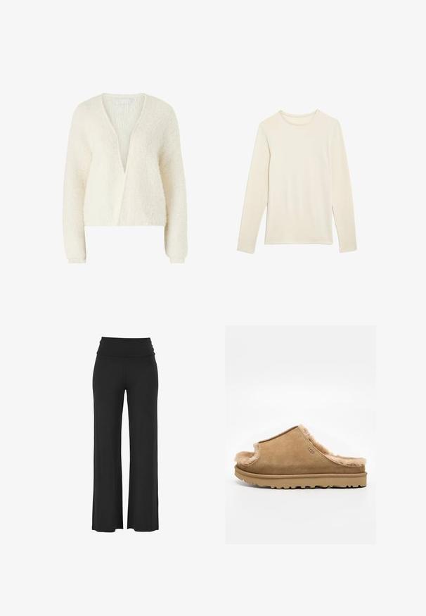 Kremfarvet, tekstureret cardigan med lange ærmer, dyb V-hals og blødt, fluffy stof.; Langærmet skjorte i cremefarvet, lavet af et blødt og glat stof med rund halsudskæring og minimalistisk design. Ingen mønstre eller yderligere detaljer.; Sorte, brede bukser med et højt, draperet talje bånd lavet af et blødt, strækbart materiale, der har glatte, jævne syninger og ingen synlige mønstre.; Beige ruskind slip-on sutsko med blødt fleecefor og gummisål, med et side-UGG-logo på en ens hvid baggrund.