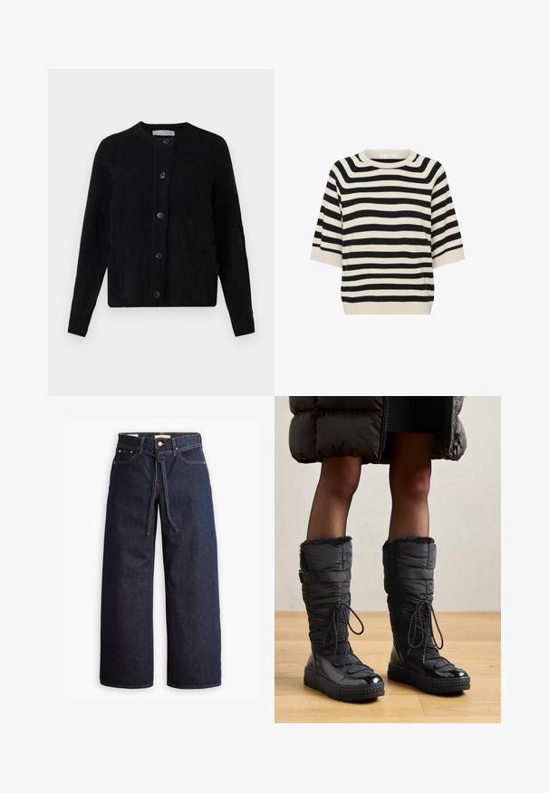 Sort uldblandet cardigan med knapper, lange ærmer og rund halsudskæring, lavet af blødt, struktureret strikstof.; Kortærmet strikket sweater med sorte og hvide vandrette striber og rund halsudskæring.; Bredde ben mørkeblå denim jeans med høj talje, der har snoretræk, fem lommer og kontrastsyet detaljer.; Knæhøje sorte pufferstøvler med fake fur kant, skinnende vandtæt overdel, tekstureret sål og justerbar snøre detaljer.