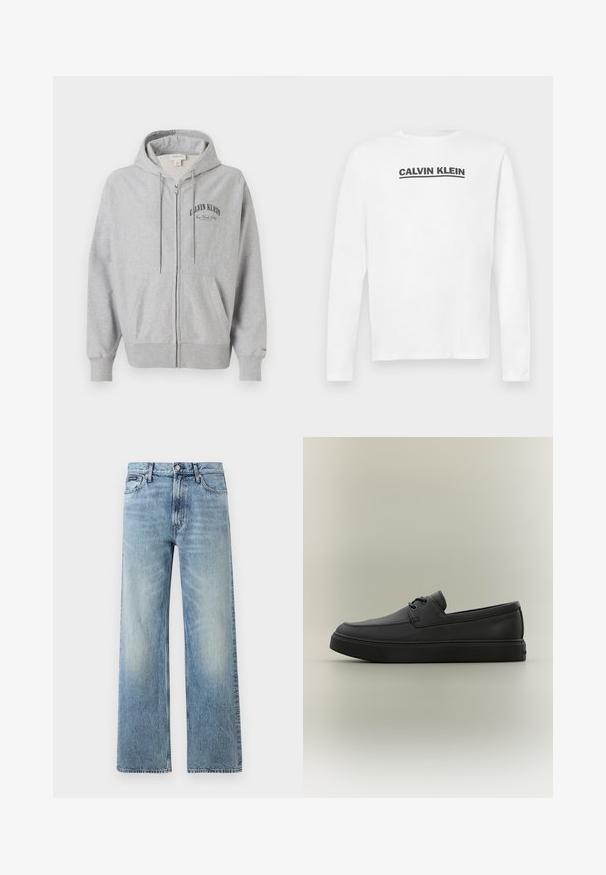 Sweat à capuche gris clair zippé avec poches avant, capuche à cordon ajustable et texte "Calvin Klein New York City" sur la poitrine gauche.; Chemise blanche à manches longues en coton, arborant un logo noir "CALVIN KLEIN" sur la poitrine et un col rond. Texture lisse.; Jean droit en denim bleu clair avec taille haute, cinq poches, fermeture à boutons et léger délavage sur les cuisses et les genoux.; Mocassin décontracté en cuir noir avec des détails de laçage et une semelle en caoutchouc épaisse, présenté de profil sur un fond neutre.