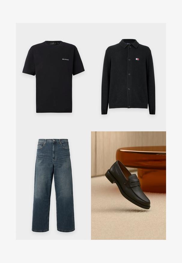 Schwarzer Wollcardigan mit Kragen, Knopfleiste und gerippten Bündchen. Kleines Logo in Rot, Weiß und Blau auf der linken Brust.; Schwarzes Kurzarm-Crewneck-T-Shirt mit kleinem weißen "BELSTAFF"-Logo auf der linken Brust vor einem schlichten Hintergrund.; Weite Jeans in dunkelblauer Denim-Optik mit einem ausgewaschenen Finish, fünf Taschen und robusten Nähten. Knopfverschluss am Bund.; Schwarzer Leder-Herrenloafer mit einem Band über dem Spann, auf beigem Teppich neben einem braunen modernen runden Tisch präsentiert.