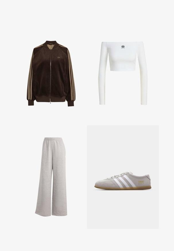 Bruine corduroy jas met rits, beige strepen op de mouwen, geribde kraag, manchetten, zoom en klein Adidas-logo op de borst.; Witte off-shoulder crop top van ribstof, met lange mouwen en een klein zwart Adidas-logo aan de voorkant.; Lichtgrijze sweatpants met een losse pasvorm, elastische tailleband en zachte textuur. Heeft subtiele branding aan één kant. Casual ontwerp.; Grijze suede sneaker met witte leren strepen en gouden logo detail. Platte gum zool, ronde neus en klassiek vetersluitingssysteem.