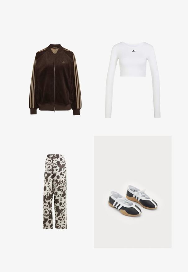 Bruine corduroy jas met rits, beige strepen op de mouwen, geribde kraag, manchetten, zoom en klein Adidas-logo op de borst.; Witte cropped top met lange mouwen, ronde hals en klein zwart Adidas-logo gecentreerd onder de halslijn.; adidas Originals COW PRINT SATIN WIDE LEG - Trainingsbroek - multicolor off white; Zwart-witte sport schoenen met een slank ontwerp, rubberen zool, vetersluiting en drie witte strepen aan de zijkanten.