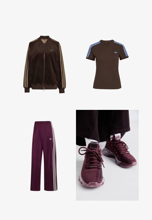 Veste zippée en velours côtelé marron avec des rayures beige sur les manches, col, poignets et ourlet côtelés, avec un petit logo Adidas sur la poitrine.; T-shirt marron à manches courtes avec trois bandes bleu clair sur les épaules et petit logo Adidas bleu clair sur la poitrine gauche.; Pantalon de survêtement Adidas marron avec taille élastique, trois bandes blanches latérales, poche zippée et logo brodé sur la cuisse gauche.; Baskets bordeaux avec tige en mesh, détails texturés, lacets ronds et semelle en caoutchouc transparent ; présente un logo sur la langue et le talon.