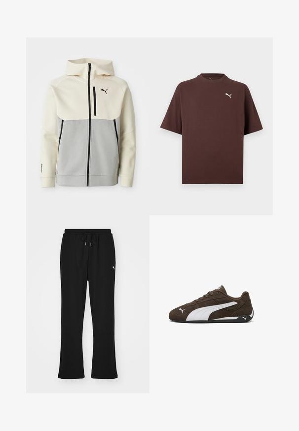 Chaqueta con capucha de Puma que presenta una parte superior en crema y una sección inferior en gris, con cierre frontal, dos bolsillos y detalles del logo en negro.; Camiseta marrón de manga corta con cuello redondo y pequeño logotipo blanco de Puma en el lado izquierdo del pecho sobre un fondo blanco.; Pantalones de chándal negros con cintura elástica y cordón, con bolsillos laterales y un sutil logo en la pierna izquierda. Tela suave, forma acampanada.; Zapatillas deportivas de ante marrón con detalles blancos, diseño de perfil bajo, puntera redondeada y suela de goma negra. Cuenta con cordones y detalles de logotipo.