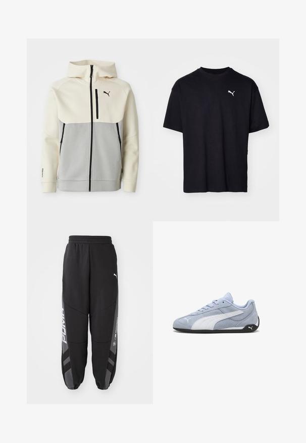 Chaqueta con capucha de Puma que presenta una parte superior en crema y una sección inferior en gris, con cierre frontal, dos bolsillos y detalles del logo en negro.; Camiseta de algodón negra de manga corta, con escote redondo y un logo blanco de Puma en la parte superior izquierda del pecho. Corte clásico, textura suave.; Pantalones de chándal negros hechos de material suave. Con cinturilla elástica, piernas ajustadas, detalles en gris y logotipos blancos en los laterales.; Zapatilla deportiva de ante azul claro con detalles blancos, textura perforada y suela de goma negra. Cuenta con cordones y un logo lateral.