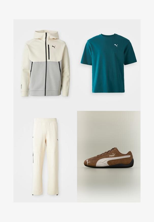 Chaqueta con capucha de Puma que presenta una parte superior en crema y una sección inferior en gris, con cierre frontal, dos bolsillos y detalles del logo en negro.; Camiseta de algodón azul verdoso con mangas cortas, cuello redondo y un logo blanco de Puma en el lado izquierdo del pecho; textura suave y corte regular.; Pantalones de chándal de color beige claro, hechos de un tejido suave. Presentan un logo negro, bolsillos laterales con cremalleras y un corte relajado.; Zapatilla de ante marrón con detalles en blanco y diseño texturizado. Cuenta con una suela de goma negra y un prominente logo de Puma en el lateral.