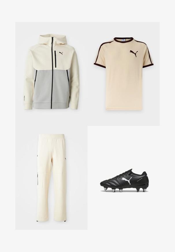 Chaqueta con capucha de Puma que presenta una parte superior en crema y una sección inferior en gris, con cierre frontal, dos bolsillos y detalles del logo en negro.; Camiseta beige de manga corta de Puma con ribetes marrón oscuro en las mangas y el cuello, y logo de Puma en el pecho izquierdo.; Pantalones de chándal de color beige claro, hechos de un tejido suave. Presentan un logo negro, bolsillos laterales con cremalleras y un corte relajado.; Botas de fútbol negras con material texturizado, logo blanco de Puma, sistema de cierre con cordones y tacos de metal para mejorar la tracción. El diseño enfatiza el rendimiento y el soporte.
