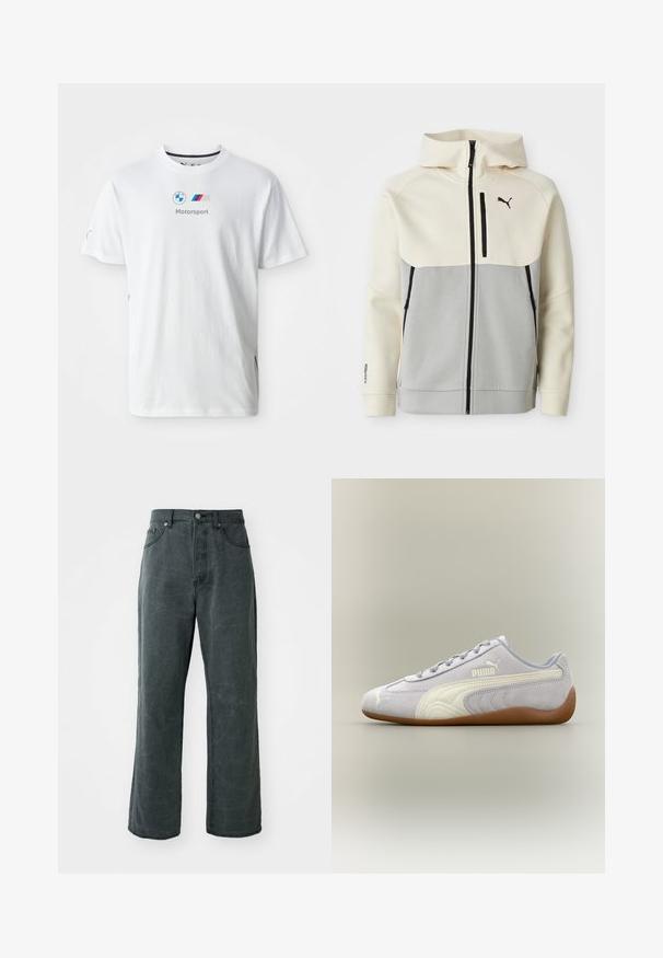 Chaqueta con capucha de Puma que presenta una parte superior en crema y una sección inferior en gris, con cierre frontal, dos bolsillos y detalles del logo en negro.; Camiseta blanca de algodón con el logo de BMW, texto "Motorsport" en gris y acentos coloridos en los lados. Diseño de mangas cortas y cuello redondo.; Vaqueros de patas anchas en gris oscuro, hechos de denim, con una cintura alta, diseño de cinco bolsillos y una sutil textura desgastada.; Zapatilla de deporte Puma de ante gris claro con detalle de raya blanca y suela de goma, vista desde el lateral exterior sobre un fondo neutro.