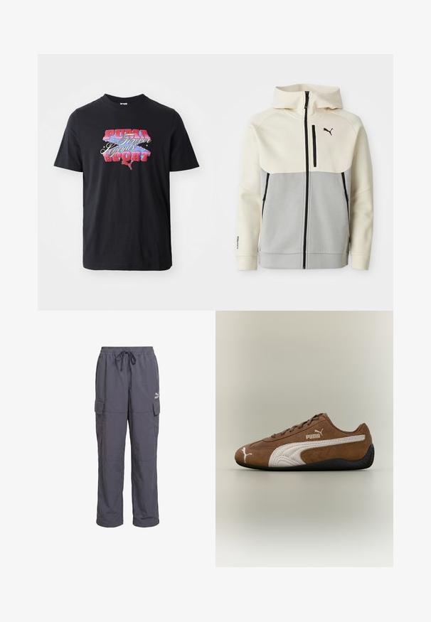 Chaqueta con capucha de Puma que presenta una parte superior en crema y una sección inferior en gris, con cierre frontal, dos bolsillos y detalles del logo en negro.; Camiseta de manga corta negra hecha de algodón, con un estampado gráfico colorido que presenta el texto "PUMA Forever Legends SPORT."; Pantalones cargo de corte holgado en gris oscuro con cintura elástica, cordón y bolsillos con solapa en los laterales, con logo de Puma en el muslo derecho.; Zapatilla de ante marrón con detalles en blanco y diseño texturizado. Cuenta con una suela de goma negra y un prominente logo de Puma en el lateral.