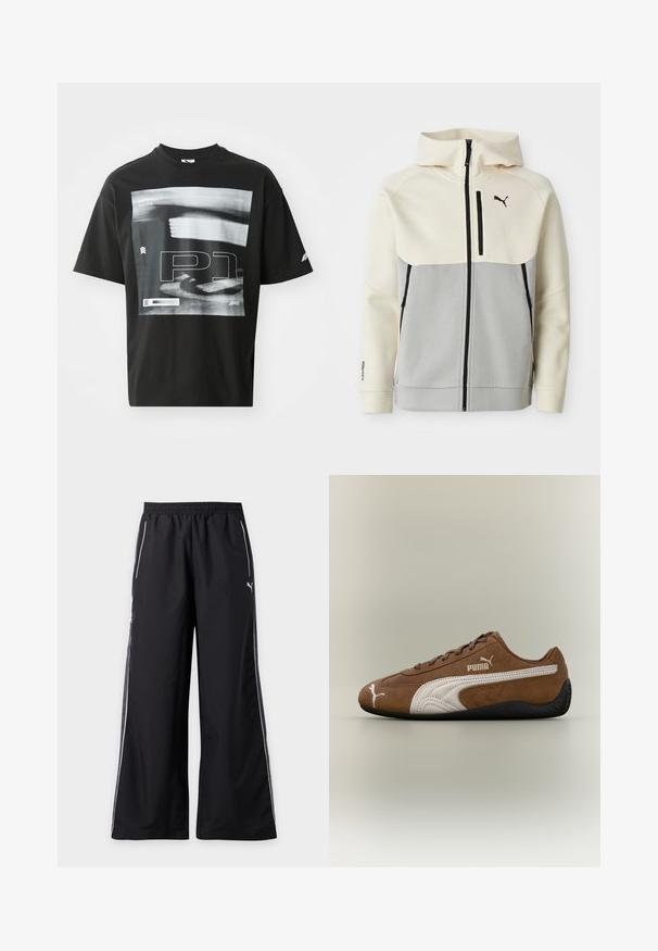 Chaqueta con capucha de Puma que presenta una parte superior en crema y una sección inferior en gris, con cierre frontal, dos bolsillos y detalles del logo en negro.; Camiseta de algodón negra con un estampado gráfico que incluye elementos de texto, como "FORMULA 1 RACING" y "P1". Cuello redondo y mangas cortas.; Pantalones deportivos negros de pierna ancha con ribetes blancos a lo largo de los lados y cinturilla elástica, con un pequeño logo de Puma en el muslo derecho.; Zapatilla de ante marrón con detalles en blanco y diseño texturizado. Cuenta con una suela de goma negra y un prominente logo de Puma en el lateral.