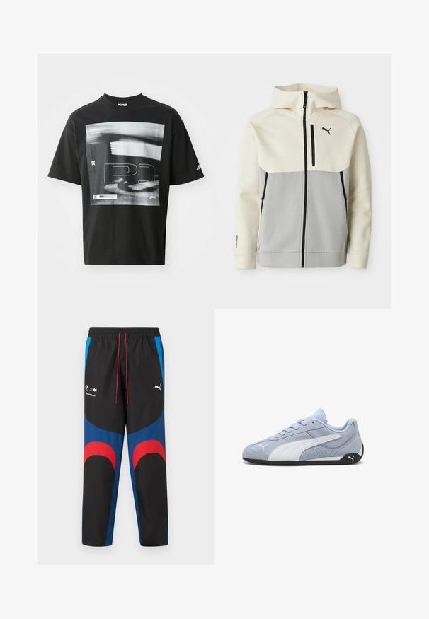 Chaqueta con capucha de Puma que presenta una parte superior en crema y una sección inferior en gris, con cierre frontal, dos bolsillos y detalles del logo en negro.; Camiseta de algodón negra con un estampado gráfico que incluye elementos de texto, como "FORMULA 1 RACING" y "P1". Cuello redondo y mangas cortas.; Pantalones deportivos BMW Motorsport Puma en negro, azul y rojo, con cintura elástica, cordones rojos y logotipos en la parte superior de los muslos.; Zapatilla deportiva de ante azul claro con detalles blancos, textura perforada y suela de goma negra. Cuenta con cordones y un logo lateral.