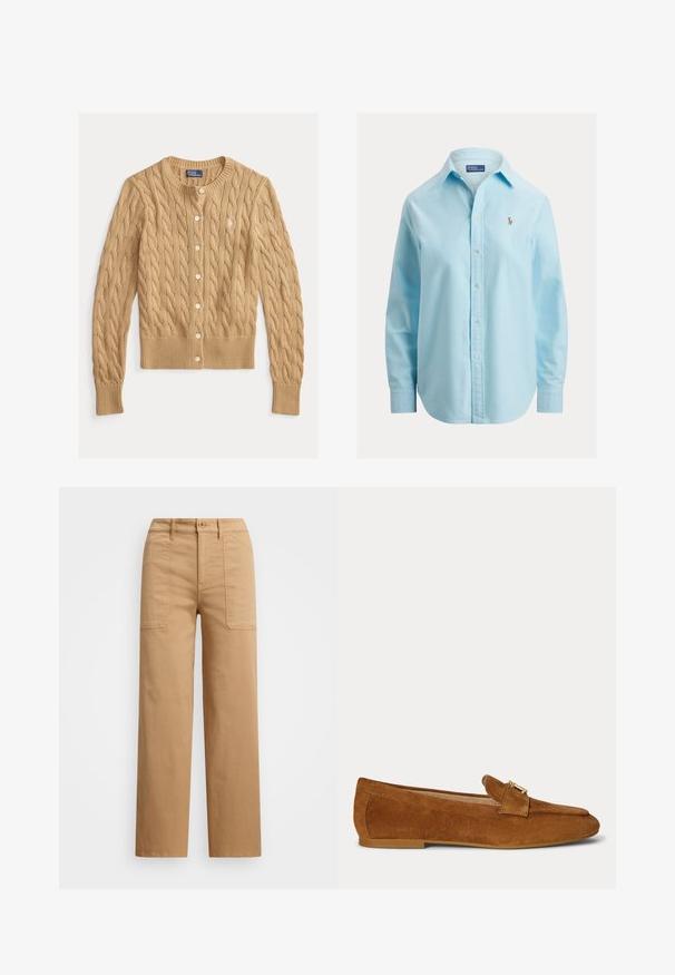Cárdigan de punto beige con cuello redondo, cierre de botones en el frente y mangas largas. Cuenta con puños y dobladillo acanalados y un pequeño logo bordado.; Camisa azul claro de manga larga con botones, cuello clásico y pequeño logo bordado en el pecho izquierdo.; Pantalones de algodón beige con pierna recta, que cuentan con un cierre de botón, bolsillos frontales y detalles de costura visibles.; Mocasín plano de ante marrón con detalle de hebilla metálica dorada en la parte superior y suela de tacón bajo.