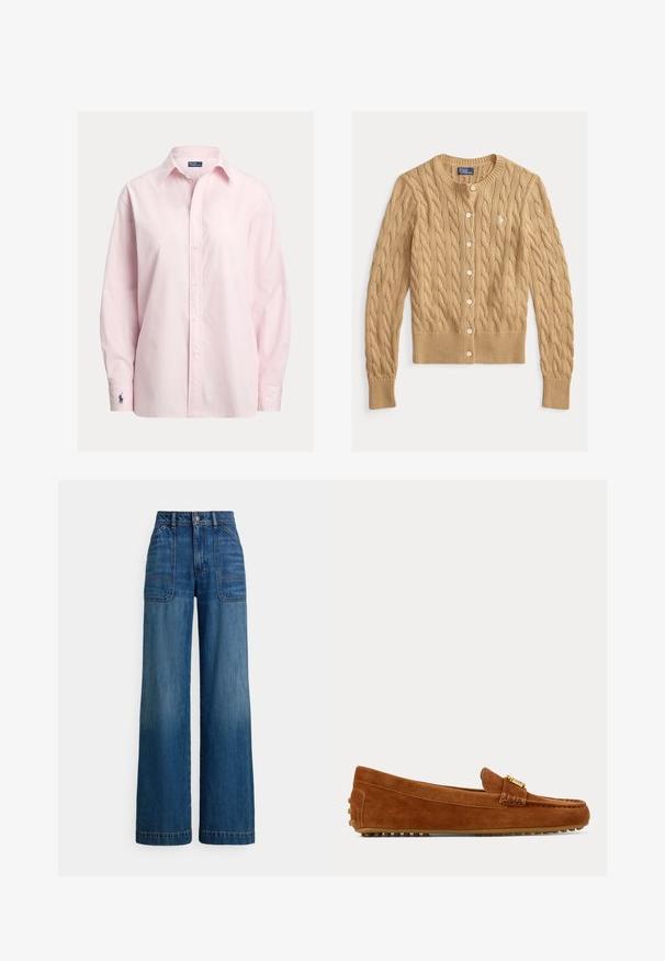 Cárdigan de punto beige con cuello redondo, cierre de botones en el frente y mangas largas. Cuenta con puños y dobladillo acanalados y un pequeño logo bordado.; Camisa rosa claro abotonada hecha de una suave mezcla de algodón, con cuello estándar, mangas largas y un pequeño logo bordado en el puño.; Vaqueros de pierna ancha y talle alto en denim azul medio. Con bolsillos frontales parche y costuras prominentes. Textura suave y lisa.; Zapato mocasín marrón de ante con detalle de hebilla dorada y suela de goma con textura de piedrecillas, visto de lado sobre un fondo liso.