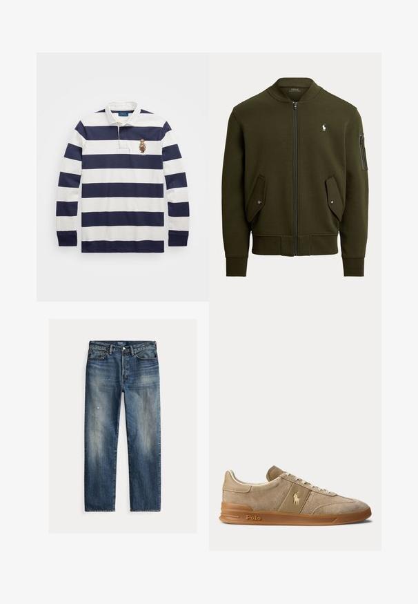 Tmavozelená bomber bunda so zipsom, dvoma prednými vreckami s klopou, vreckom na zips na rukáve, rebrovanými manžetami a malým bielym logom Polo na hrudi.; Polo Ralph Lauren CLASSIC FIT POLO BEAR RUGBY SHIRT - Top s dlhým rukávom - blu; Modré džínsové nohavice s voľným strihom, vyblednutým efektom, viditeľnými známkami opotrebenia, priamym strihom a tradičným zapínaním na gombíky.; Béžové nízke tenisky z brúseného semišu a kože s gumovou podrážkou, bielymi šnúrkami a logom Polo na boku a na podrážke.