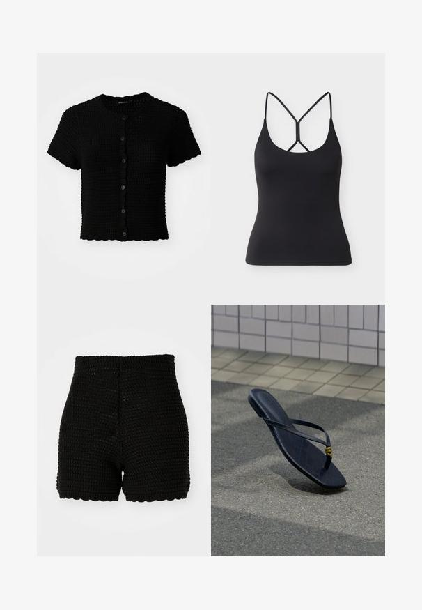 Cardigan noir à manches courtes en tricot avec un col rond, présentant un bord festonné et six boutons noirs sur le devant.; Débardeur noir ajusté avec fines bretelles et un design croisé unique dans le dos sur un fond gris clair.; Shorts en crochet noirs avec une texture côtelée, taille haute et ourlet festonné. Conçus pour une silhouette ajustée et en matériau respirant.; Tongs en cuir noir avec une boucle décorative dorée, reposant sur un pavement texturé près d’un mur carrelé en extérieur.