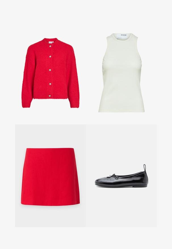 Rød strikket cardigan med lange ærmer og fem sølvfarvede teksturerede knapper foran.; Ærmeløs hvid ribbet tanktop med rund halsudskæring fra Selected Femme, viser frontvisning uden mønstre eller dekorationer.; Rød linned mini nederdel med et enkelt, lige design, der fremhæver en glat tekstur uden synlige mønstre eller hardware.; Sorte patenterede læder ballet flats med rund tå, lille sløjfedetalje og glat tekstur; har en lav flad sål og en træksløjfe ved hælen.