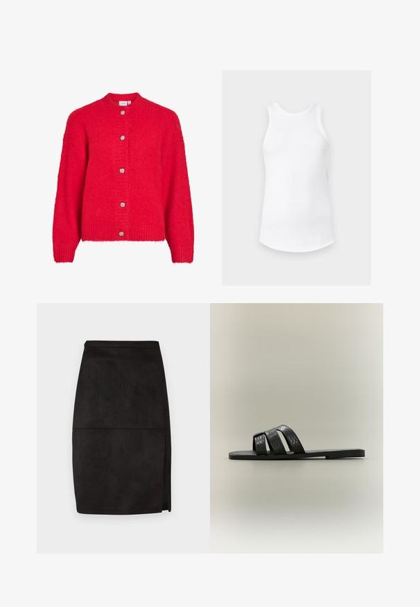 Rød strikket cardigan med lange ærmer og fem sølvfarvede teksturerede knapper foran.; Hvid ærmeløs ribbet tanktop med rund halsudskæring og buet kant, vist på en ensfarvet lysegrå baggrund.; Sort suedepencilskørt med lige snit, let sideslids og glat tekstur. Enkelt talje og rene designlinjer.; Sort flad sandal med tre teksturerede stropper i krokodillemønster over foden og en tynd sål, vist i profil på en neutral baggrund.
