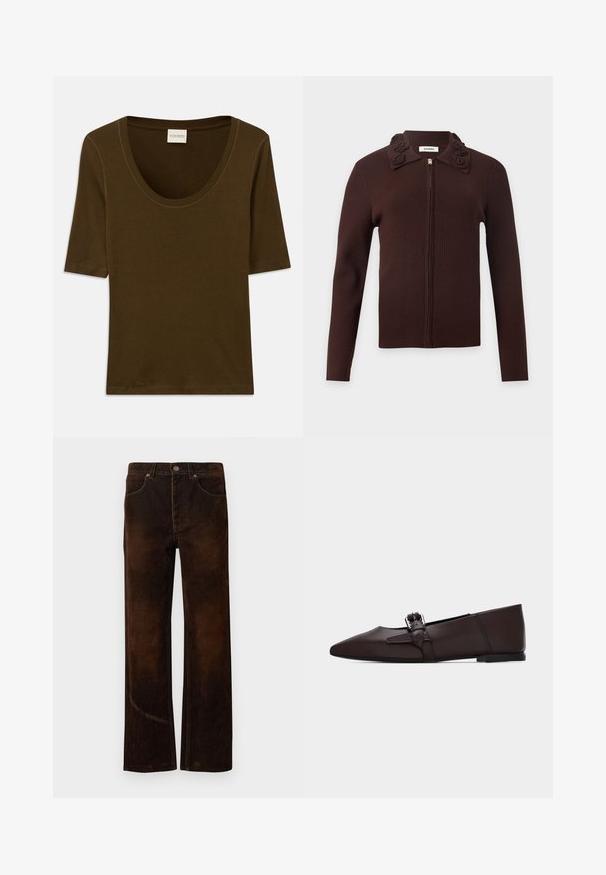 Donkerbruine geribbelde gebreide cardigan met ritssluiting, lange mouwen en een kraag versierd met driedimensionale bloemdetails.; Bruine kortding shirt van zachte stof met een ronde halslijn en een eenvoudig, strak ontwerp. Geen patronen of extra details.; Bruine wide-leg jeans gemaakt van zachte, gestructureerde stof. Kenmerken zijn een knoopsluiting, riemlussen en vo pockets met contrasterende stiksels.; Donkerbruine platte schoen met puntige neus, lage hak en een sierlijke enkelband met een zilveren gesp tegen een effen achtergrond.