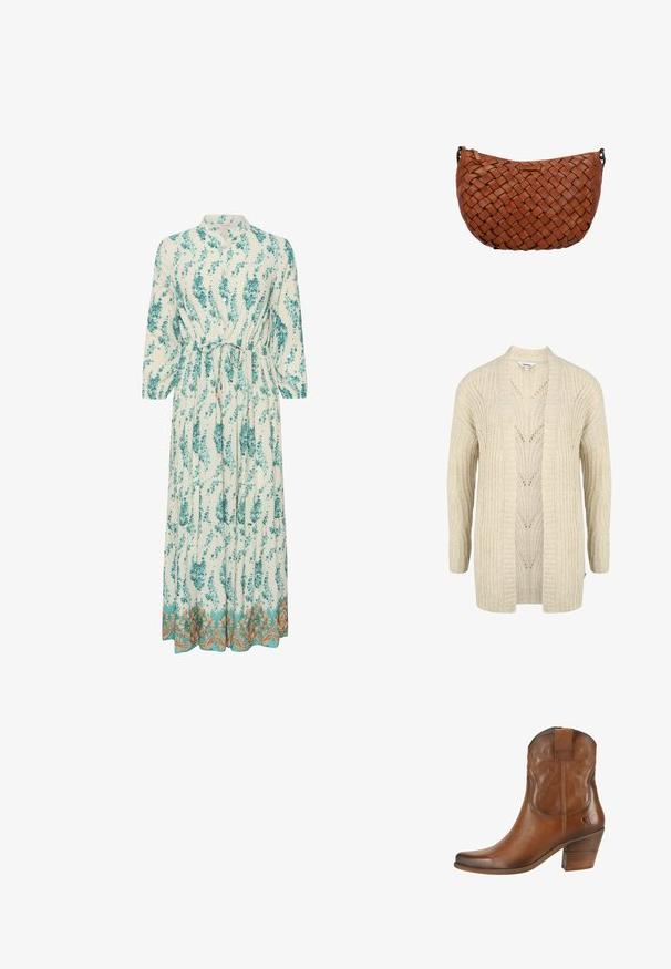 Oxmo OXClea - Kardigan - oyster grey melange; Pikk, kerge kleit, millel on teal ja valge lillemuster. Omab kõrget kaelust, pikki varrukaid ja dekoratiivset kuldset ääre.; Felmini Kauboi/mootorratturi poolsaapad - namibia; Pruun nahast õlakott punutud mustriga ja ülevalt tõmblukuga, kujutatud valgel taustal.