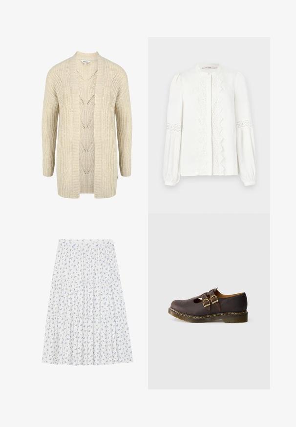 Oxmo OXClea - Ζακέτα - oyster grey melange; Rue de Femme ZOSIA SHIRT - Μπλούζα - off white; Λουλουδάτη φούστα από ελαφρύ ύφασμα, με λευκό φόντο και μικρά μπλε λουλούδια, σε επίπεδα σχέδιο και με ελαστική μέση.; Σκούρο καφέ δερμάτινο παπούτσι με διπλές αγκράφες, σχέδιο με τρύπες στη μύτη και παχιά διαφανή σόλα με κίτρινη ραφή.