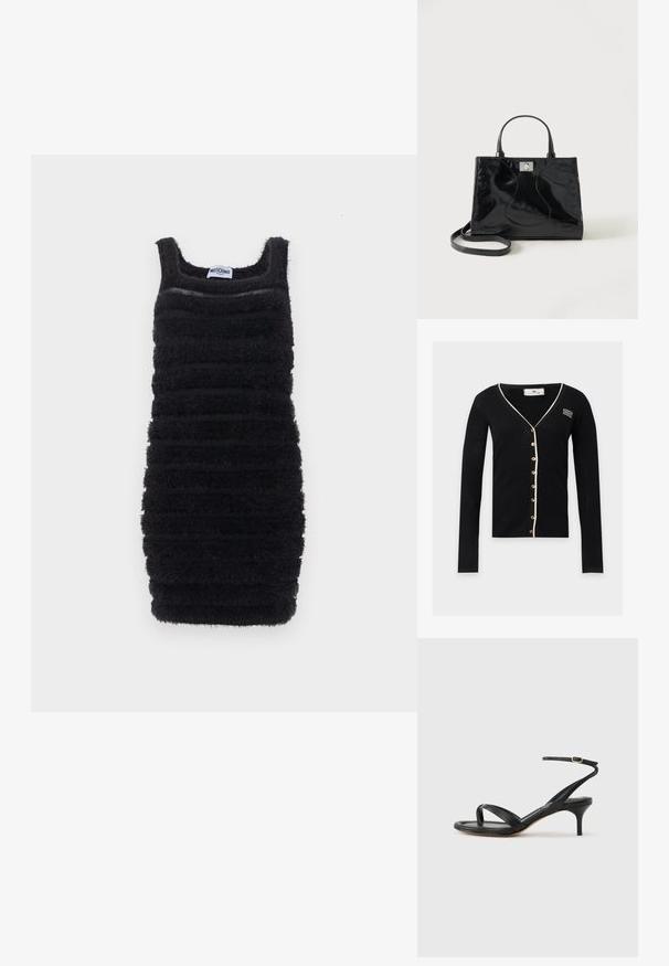 Cardigan noir côtelé à manches longues avec bordure blanche, boutons dorés à l'avant et petit logo blanc sur le côté supérieur gauche.; Robe noire cintrée sans manches avec des rayures horizontales texturées et duveteuses et un décolleté carré, étiquetée Moschino.; Sandale pour femme en cuir noir avec fines lanières, une boucle d'orteil, une boucle à la cheville et un talon aiguille de hauteur moyenne sur un fond neutre.; Sac à main en cuir verni noir avec poignées arrondies, bandoulière détachable et fermeture à boucle argentée sur fond blanc uni.