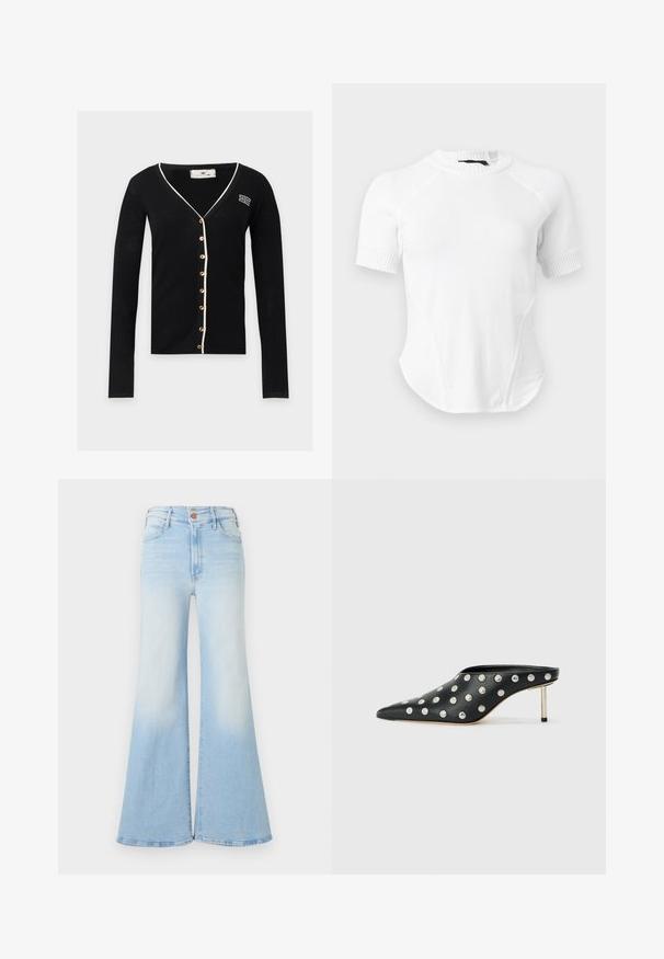 Cardigan noir côtelé à manches longues avec bordure blanche, boutons dorés à l'avant et petit logo blanc sur le côté supérieur gauche.; Haut en maille blanc à manches courtes avec encolure et manches côtelées, avec un corps en tissu lisse et un ourlet légèrement arrondi.; Jean en denim bleu clair taille haute avec jambes évasées larges, fermeture à boutons sur le devant, et poches avant et arrière.; STAND STUDIO KELSEY - Mules à talons - black