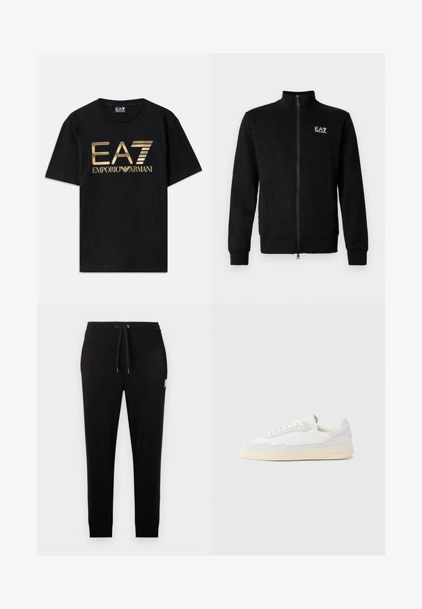 Schwarze Reißverschlussjacke aus glattem Stoff, mit hohem Kragen und gerippten Bündchen. Gedrucktes Logo auf der linken Brust.; Schwarzes Baumwoll-T-Shirt mit kurzen Ärmeln, auf dessen Vorderseite ein in Gold gedrucktes "EA7 EMPORIO ARMANI" Logo prangt. Schlichtes Design, Rundhalsausschnitt.; Schwarze, schmal geschnittene Jogginghosen mit elastischem Bund, schwarzem Kordelzug und einem kleinen rechteckigen Aufnäher am rechten Oberschenkel.; Weißer Sneaker mit strukturiertem Obermaterial aus Wildleder und Leder. Verfügt über eine runde Zehenpartie, Schnürverschluss und eine kontrastierende beige Gummisohle.