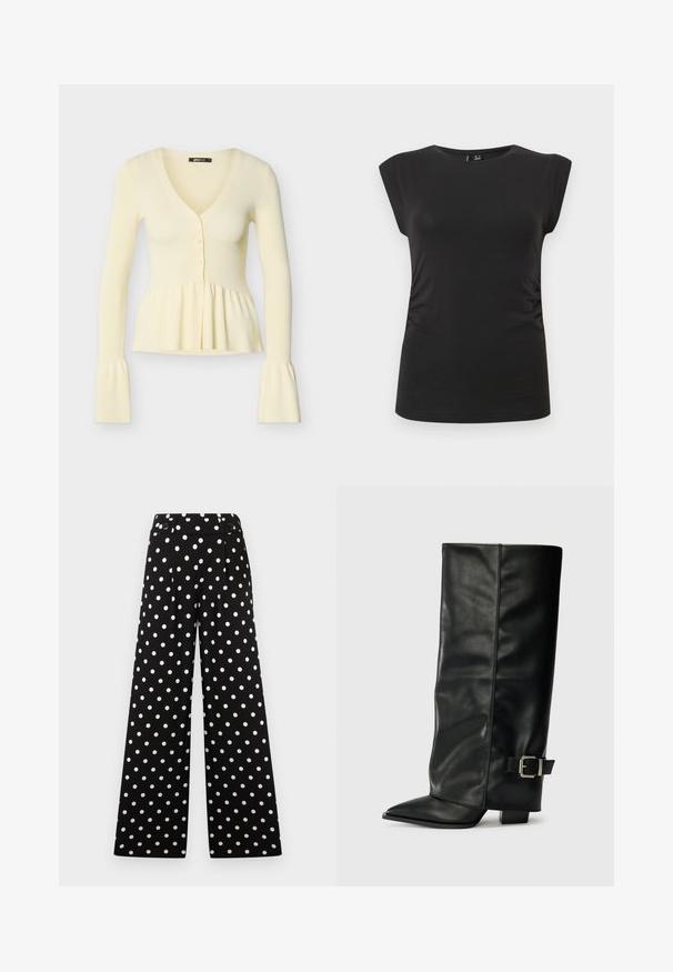 Cremefarbener, gerippter Langarm-Cardigan mit V-Ausschnitt, drei Knöpfen vorne, geraffter Peplum-Taille und ausgestellten Bündchen.; Schwarzes ärmelloses, figurbetontes Top mit Rundhalsausschnitt und leichter Raffung an den Seiten, dargestellt vor einem einfarbigen hellen Hintergrund.; Schwarze, weit geschnittene Hose mit weißen Punkten, hoher Taille und Knopfverschluss am Bund.; Schwarze Lederstiefeletten in Knöchellänge mit spitzem Zehenbereich, glatter Oberfläche und silberner Schnallenakzent an der Seite. Massiver, quadratischer Absatz.