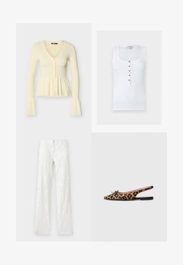 Roomkleurige geribbelde cardigan met lange mouwen, V-hals, drie knopen aan de voorkant, geplooide peplumbaan en uitlopende manchetten.; Witte geribde mouwloze top met ronde hals en vijf bruine knopen middenvoor, met Topshop-label.; Witte broek met rechte pijpen, bloemrijke opengewerkte borduursels en knoop- en ritsluiting, plat liggend op een lichte achtergrond.; Pretty Ballerinas MURABI - Slingback ballerina´s - brown