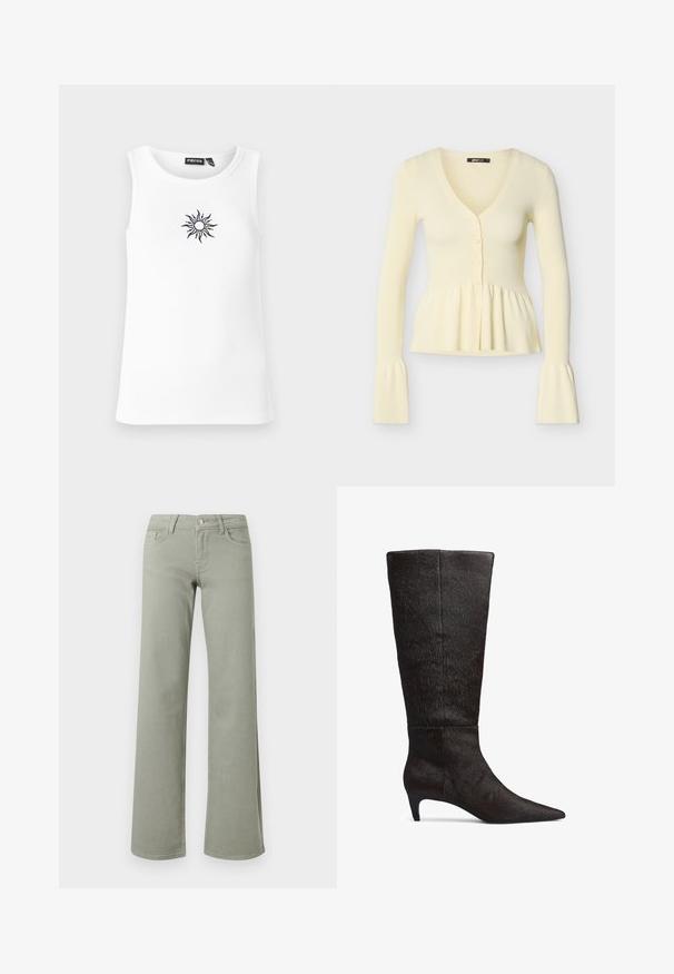 Cremefarvet ribbet cardigan med lange ærmer, V-hals, tre knapper foran, rynket peplumtalje og udvidede manchetter.; Hvid ribbet tanktop med rund halsudskæring og en broderet solmotiv i sort på fronten. Enkel design, afslappet pasform.; Lysegrønne bukser med høj talje og lige ben, med linning, knap, lynlås samt lommer foran og bagpå på en hvid baggrund.; Sort knæhøj støvle lavet af tekstureret hår-lignende materiale, med spids tå og lav hæl. Sømdetaljer ved anklen.