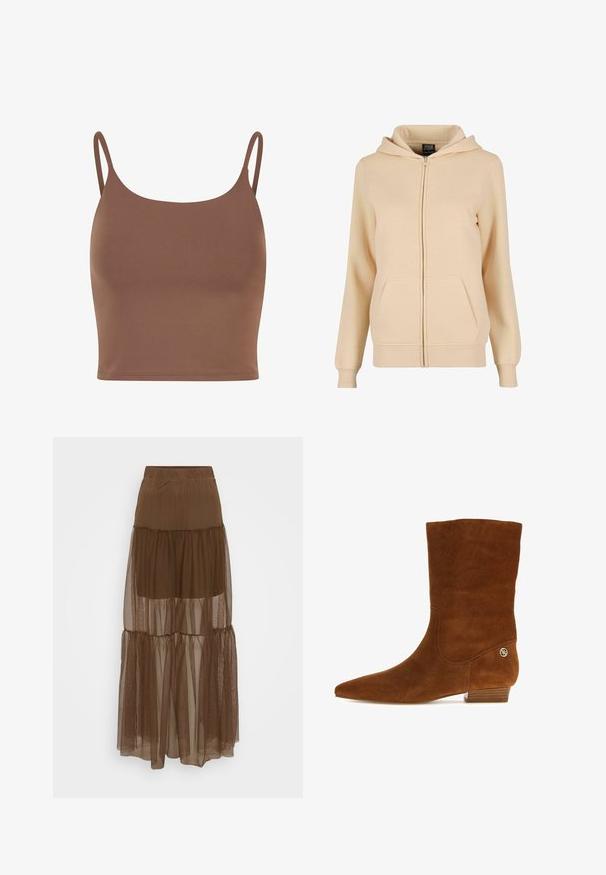 Haut à capuche zippé beige en matériau doux avec une poche frontale, des poignets côtelés et une capuche avec cordon de serrage. Design simple sans motifs.; Crop top marron en tissu lisse avec des bretelles fines et réglables. Présente un col rond et une silhouette ajustée.; Jupe brune à couches avec une superposition en maille texturée et une taille élastique. Elle présente trois niveaux de tissu transparent, offrant une silhouette fluide.; Botte mi-mollet en daim marron avec bout pointu, petit talon empilé bas et petit détail de logo doré près du talon.