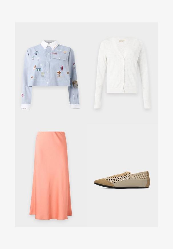 Cardigan blanc à manches longues boutonné, col en V et motif délicat ajouré avec des cœurs et des étoiles.; Chemise courte bleu clair avec col et poignets blancs, décorée de patchs brodés colorés et d'une poche poitrine avec rabat à bouton.; Jupe midi rose corail clair lisse avec une légère évasement, présentée sur un fond uni gris clair.; Chaussure plate beige à bout pointu avec un design supérieur tissé, comprenant des panneaux en cuir lisse et en daim, et une semelle noire.