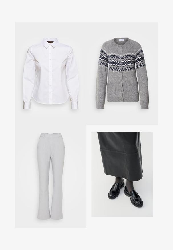 Cardigan en maille grise avec un col rond, motifs géométriques bleu marine et blancs sur la poitrine, fermeture à boutons et deux poches avant.; Chemise blanche à manches longues avec col pointu et taille ajustée, présentée sur un fond uni.; Abercrombie & Fitch SOFT STRUCTURE TAILORED SLIM FLARE - Pantalon classique - sleet heather; Mocassins en cuir noir avec une finition lisse, ornés d'une bande décorative, à bout rond et avec une semelle texturée. Portés avec une longue jupe en cuir noir.