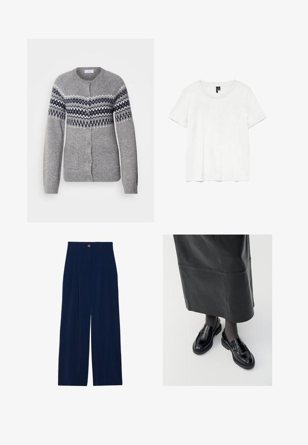 Grå strikket cardigan med rund hals, marineblå og hvide geometriske mønstre på brystet, knaplukning og to frontlommer.; Hvid kortærmet t-shirt med rund halsudskæring, lavet af letvægtsstof. Enkel design, glat tekstur og lige kant.; Marineblå brede bukser lavet af blødt materiale, med fortilæg, knaplukning og to sidelommer.; Sorte læder loafers med en glat finish, prydet med en dekorativ rem, rund tå og tekstureret sål. Båret med en lang sort læderskirt.