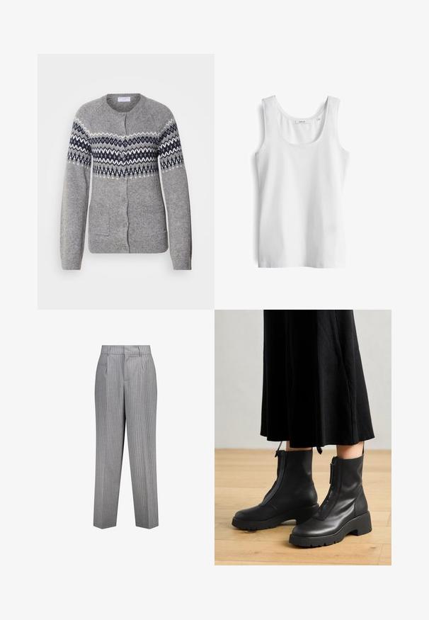 Grauer Strickcardigan mit Rundhalsausschnitt, marineblauen und weißen geometrischen Mustern auf der Brust, Knopfverschluss und zwei Fronttaschen.; Weißes ärmelloses Tanktop mit rundem Ausschnitt und einem Etikett innen am Kragen vor weißem Hintergrund.; Grau gestreifte Hose mit maßgeschneiderter Passform, gerade Beinweite, Seitentaschen und einem strukturierten Stoff.; Schwarze Lederstiefeletten mit einer dicken Plattformsohle und einem Reißverschluss vorne. Glatte Textur mit einem minimalistischen Design.