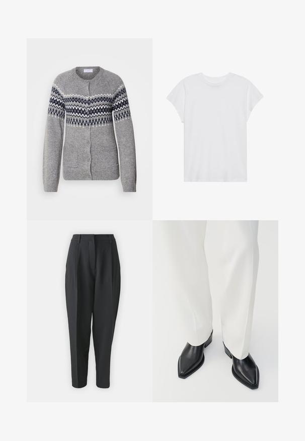 Cárdigan gris de punto con cuello redondo, patrones geométricos en azul marino y blanco en el pecho, cierre de botones y dos bolsillos frontales.; Camiseta blanca de manga corta con cuello redondo, corte relajado, hecha de suave tela de algodón. Textura lisa, sin estampados ni logotipos.; Pantalones negros ajustados con cintura alta, pinzas y pierna entallada. Tejido liso sin patrones ni adornos visibles.; Botas de tobillo negras con punta afilada y acabado de cuero liso, con tacones bajos y bloque, combinadas con pantalones blancos de pierna ancha. Diseño simple y moderno.