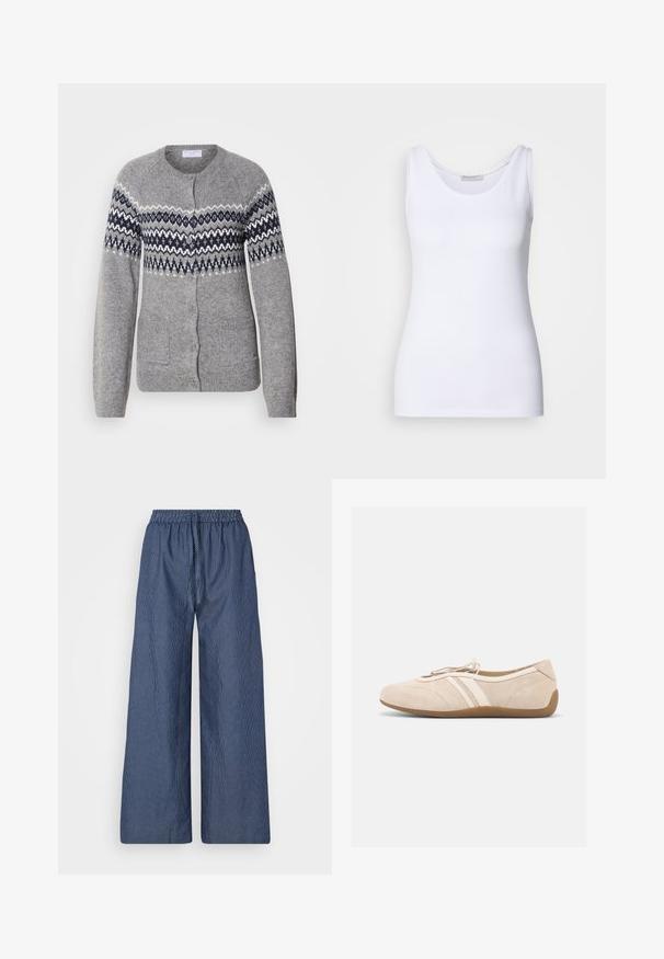 Grijze gebreide cardigan met een ronde hals, marineblauwe en witte geometrische patronen op de borst, knoopsluiting en twee voorzakken.; Witte top met een gladde, rekbare stof. Beschikt over een ronde halslijn en brede schouderbanden. De zoom zit net onder de taille. Geen patronen of accenten.; Lichte blauwe en witte gestreepte wijde broek met een drawstring taille en elastische band, gemaakt van een zachte stof en met een relaxte pasvorm.; Beige suède platte schoen met twee witte leren strepen aan de zijkant, een bruine zool en een trekkoordsluiting bovenop.