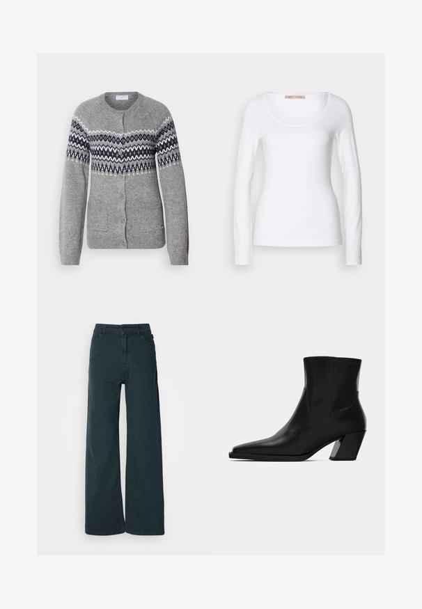 Cárdigan gris de punto con cuello redondo, patrones geométricos en azul marino y blanco en el pecho, cierre de botones y dos bolsillos frontales.; Camiseta de algodón blanca de manga larga con escote redondeado y un diseño ajustado, de textura suave y sin adornos.; Pantalones de pierna ancha en una mezcla de algodón gris oscuro, con cierre de botón frontal, trabillas para cinturón y dos bolsillos laterales. Textura suave con un diseño minimalista.; Bota de tobillo de cuero negro con punta afilada, una silueta elegante y un tacón cuadrado grueso. Textura suave con detalles de costura mínimos.