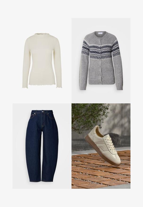 Grå strikket cardigan med rund hals, marineblå og hvide geometriske mønstre på brystet, knaplukning og to frontlommer.; Langærmet top i lysecrème ribbet stof med en tekstureret finish. Har en bølget udskæring og kant for ekstra detaljer.; Mørkeblå denim jeans med en afslappet pasform, lige ben, fem lomme-design og kontrasterende gule syninger. Metal knaplukning i taljen.; Sneakers i cremefarve med en struktureret beige gummisål, snøredesign og diskret brand på siden. Overdel i glat læder.