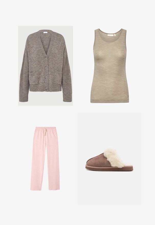Ruskea neulekartiga, jossa on pitkät hihat, V-pääntie, neljä nappia edessä ja kaksi etupanelia taskua.; Väri beige ilman hihoja oleva tank top, joka on valmistettu pehmeästä, tekstuurista kankaasta. Puserossa on pyöreä pääntie ja hieman vartalonmyötäinen muotoilu, jossa on minimaalista ompeluosaamista.; Vaaleanpunaiset, puuvillaiset olohousut, joissa on rento fit, joustava vyötärö ja nauhakuormitus. Sujuva pinta, kokopitkä malli.; Ruskean mokkatossut, joissa on pehmeä kerma-valkoinen tekoturkisvuori, avonaiset takakappaleet ja litteä kumipohja, mikä tuo esiin pehmeän tekstuurin ja mukautuvan ulkonäön.