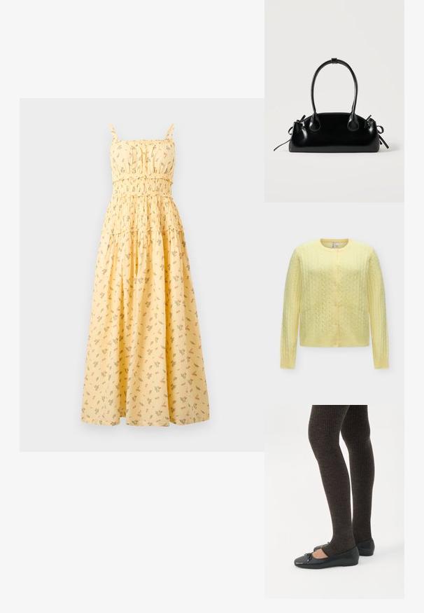 Cardigan jaune doux en maille torsadée, manches longues, encolure ronde et fermeture devant avec cinq boutons.; Robe maxi jaune sans manches avec imprimé floral, corsage froncé, taille à volants et fines bretelles.; Jambes portant des leggings côtelés foncés associés à des ballerines noires avec de petits détails en nœud sur fond blanc.; Petit sac à main noir brillant avec deux longues anses et des détails à cordon sur les côtés sur un fond clair uni.