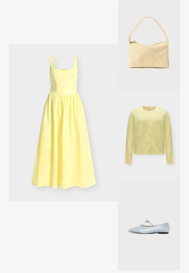 Cardigan jaune doux en maille torsadée, manches longues, encolure ronde et fermeture devant avec cinq boutons.; Robe maxi jaune sans manches avec un corsage ajusté, un décolleté carré et une jupe ample plissée sur un fond clair.; Chaussure plate bleu clair à bout pointu avec une fine sangle nouée sur le dessus et un petit talon noir.; Petit sac à main en cuir beige avec une seule bandoulière et des clous argentés le long des bords et de la bandoulière, posé sur un fond uni.
