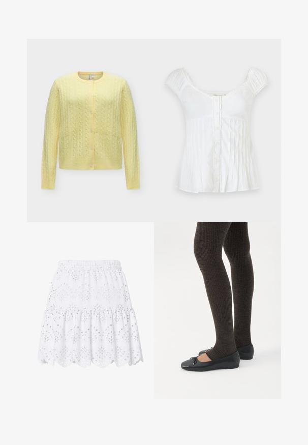 Cardigan jaune doux en maille torsadée, manches longues, encolure ronde et fermeture devant avec cinq boutons.; Blouse blanche à manches courtes avec boutons devant, encolure carrée, épaules froncées et plis verticaux sur la partie inférieure.; Jupe courte blanche à volants avec taille élastique, broderie anglaise et ourlet festonné décoré de motifs floraux.; Jambes portant des leggings côtelés foncés associés à des ballerines noires avec de petits détails en nœud sur fond blanc.