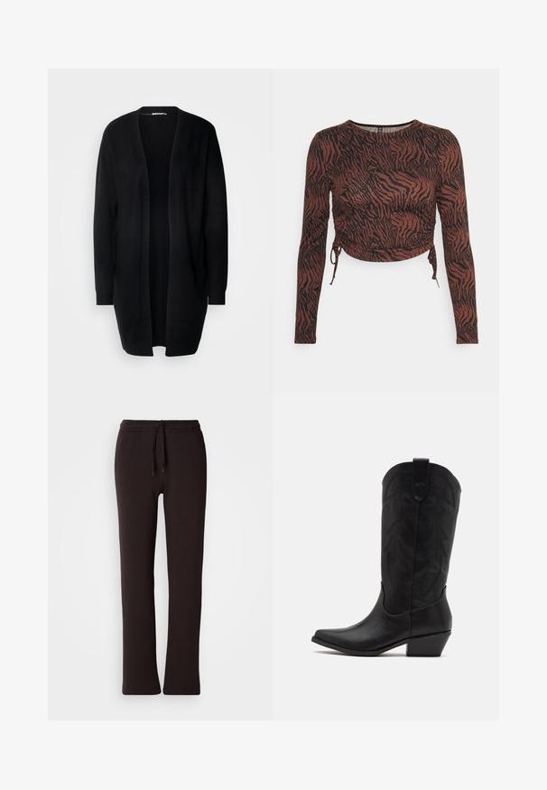 Sort lang cardigan med åben front, lavet af blødt materiale. Har lange ærmer og to forlommer. Glat tekstur, enkel design.; Pieces Petite PCNALA CROP - Langærmet T-shirt - chicory coffee/black; Sorte joggingbukser lavet af blødt stof, med elastisk talje og snøre, lige ben og uden synlige mønstre eller detaljer.; Sort læder cowboystøvle med spids tå, lav stablet hæl og indviklet præget bladmønster på skaftet. Strop øverst for nem påtagning.