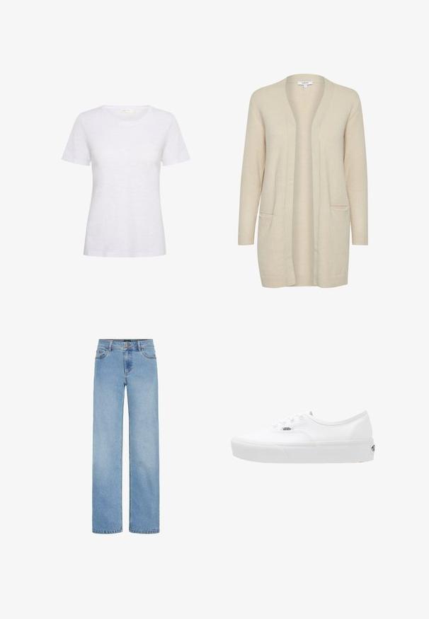 Cárdigan largo beige hecho de una tela suave, con un frente abierto, dos bolsillos frontales y puños y dobladillo acanalados.; Camiseta blanca de manga corta hecha de un tejido suave y ligero. Presenta un escote redondeado y una textura suave con un ligero brillo.; Jeans de tiro ancho, de color azul claro, fabricados en denim. Presentan una cintura estándar, bolsillos frontales y una cremallera con cierre de botón.; Vans UA AUTHENTIC PLATFORM 2.0 - Zapatillas skate - true white