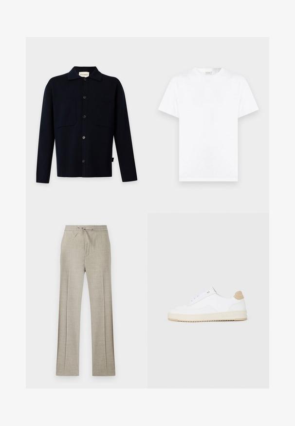 Chemise noire à manches longues boutonnée avec col et deux poches poitrine, présentée sur un fond clair uni.; T-shirt blanc uni à manches courtes et col rond, présenté sur un fond gris neutre.; Pantalon beige en mélange de lin avec fines rayures blanches discrètes, taille à cordon et jambes droites.; Baskets basses blanches avec un dessus en cuir texturé, semelle crémée à stries, et accent de talon tan. Présente des lacets blancs et un logo sur le talon.