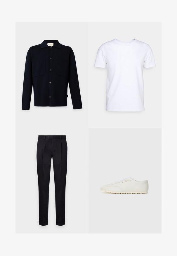 Camisa negra de manga larga con botones, cuello y dos bolsillos en el pecho, mostrada sobre un fondo claro y liso.; Camiseta blanca de manga corta en tejido de algodón con cuello redondo. Diseño simple sin patrones ni acentos. Textura suave.; Pantalones negros a medida fabricados con una tela suave, con un frente liso, dos pliegues frontales y dobladillos con vuelta para un aspecto limpio y estructurado.; Zapatillas de cuero blanco con una textura suave, punta redondeada y cordones blancos finos. Presentan un mínimo detalle del logotipo en rojo en el costado y una suela color crema.