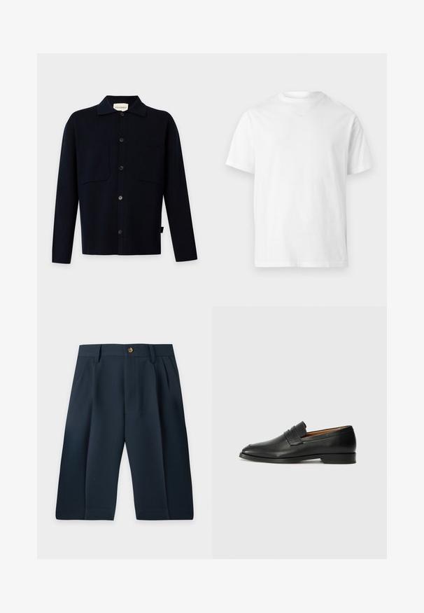 Chemise noire à manches longues boutonnée avec col et deux poches poitrine, présentée sur un fond clair uni.; T-shirt blanc uni à manches courtes avec un col rond, au design simple et épuré, sans logos ni motifs visibles.; Short à jambes larges bleu marine foncé avec passants pour ceinture, bouton devant, fermeture éclair, poches latérales et plis de chaque côté.; Mocassin en cuir noir avec un bout arrondi, des coutures subtiles et un talon bas, présentant une texture lisse et un design minimaliste.