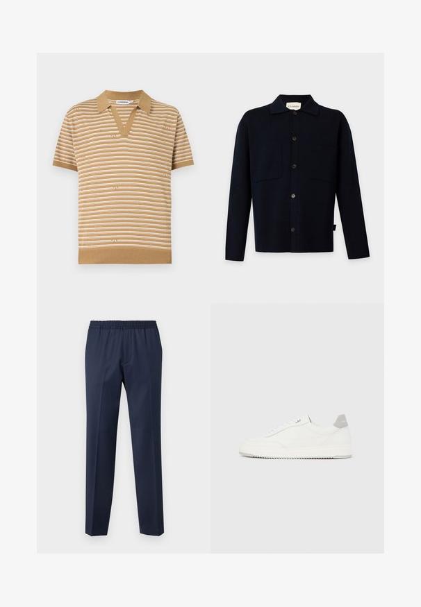 Chemise noire à manches longues boutonnée avec col et deux poches poitrine, présentée sur un fond clair uni.; Polo à manches courtes de couleur fauve avec des rayures blanches horizontales et un col en V, présenté sur fond blanc.; Pantalon bleu marine avec une taille élastique, coupe droite, texture lisse, sans motifs visibles ni détails matériels.; Baskets basses blanches avec un onglet de talon gris, des lacets blancs et une semelle texturée, présentées sur un fond uni clair.