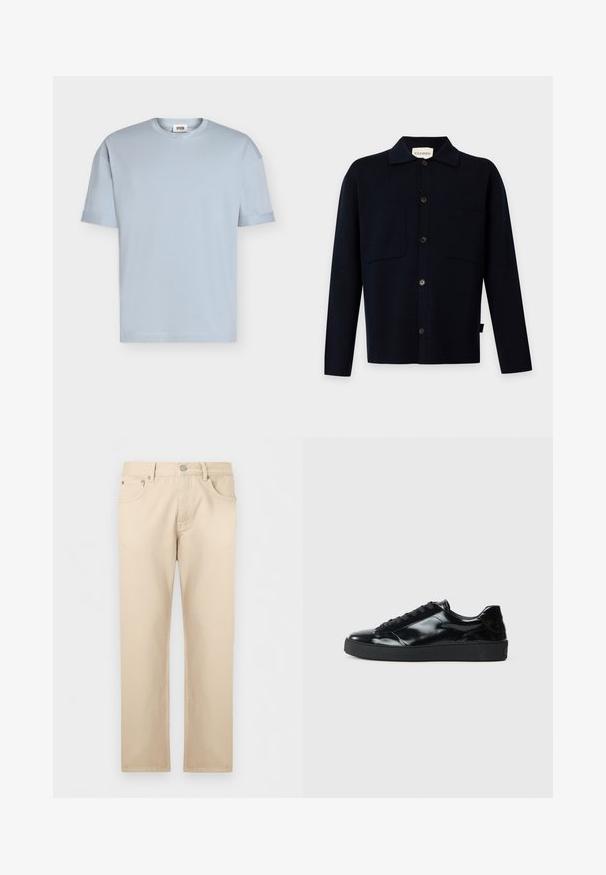 Chemise noire à manches longues boutonnée avec col et deux poches poitrine, présentée sur un fond clair uni.; T-shirt bleu clair à manches courtes et col rond avec une petite étiquette de marque à l'intérieur du col, présenté sur un fond blanc uni.; Jean beige à jambes droites avec bouton et fermeture éclair à l'avant, poches avant et arrière, étalé à plat sur un fond clair.; Baskets en cuir verni noir avec un bout arrondi, un laçage, une semelle en caoutchouc texturé et une finition lisse.